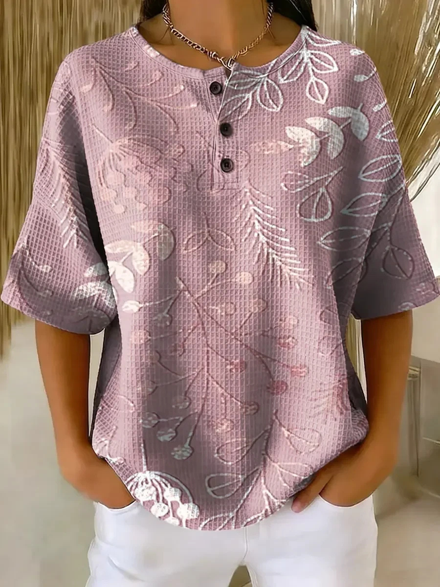 Floral Plaid Print Crewneck Short Sleeve Button Top