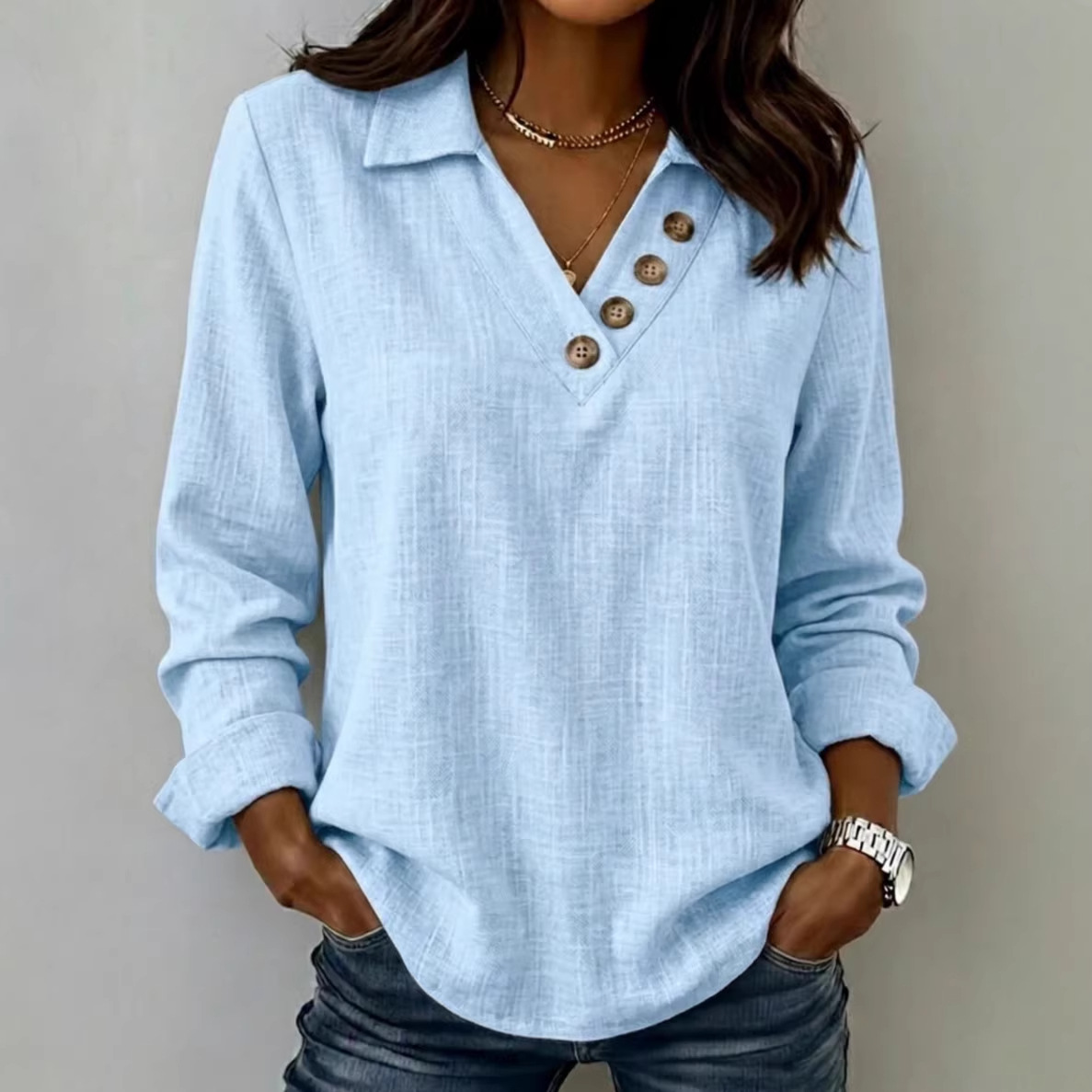 Women's Casual V-Neck Long-Sleeve T-Shirt