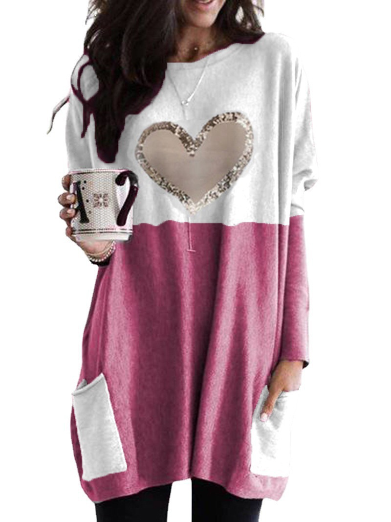 Heart Print Colorblock Long Sleeve Crewneck Loose T-Shirt for Women