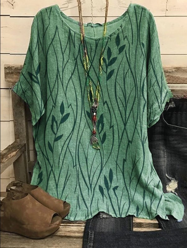 Women's Leaf Print Half-Sleeve T-Shirt
