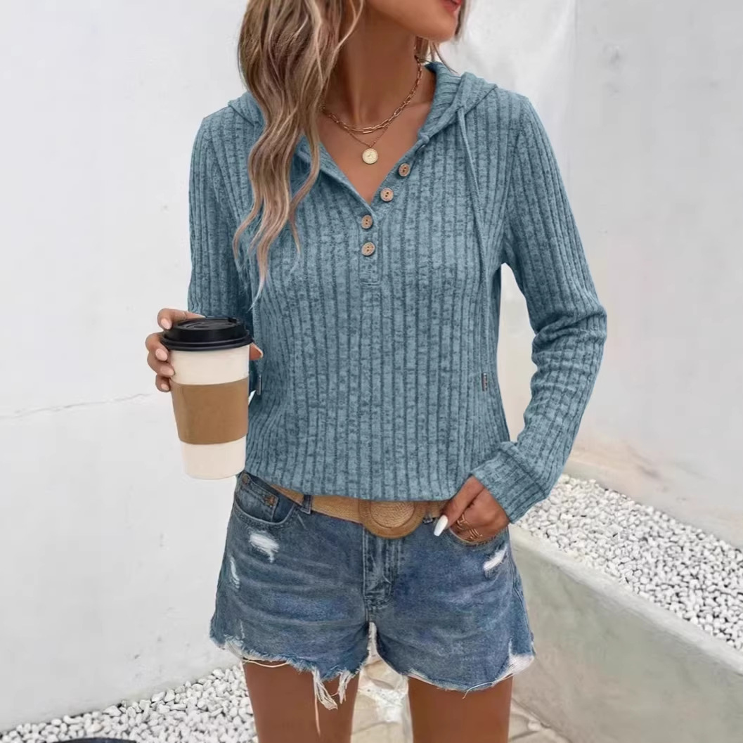 Solid V-Neck Button Hooded Brushed T-Shirt
