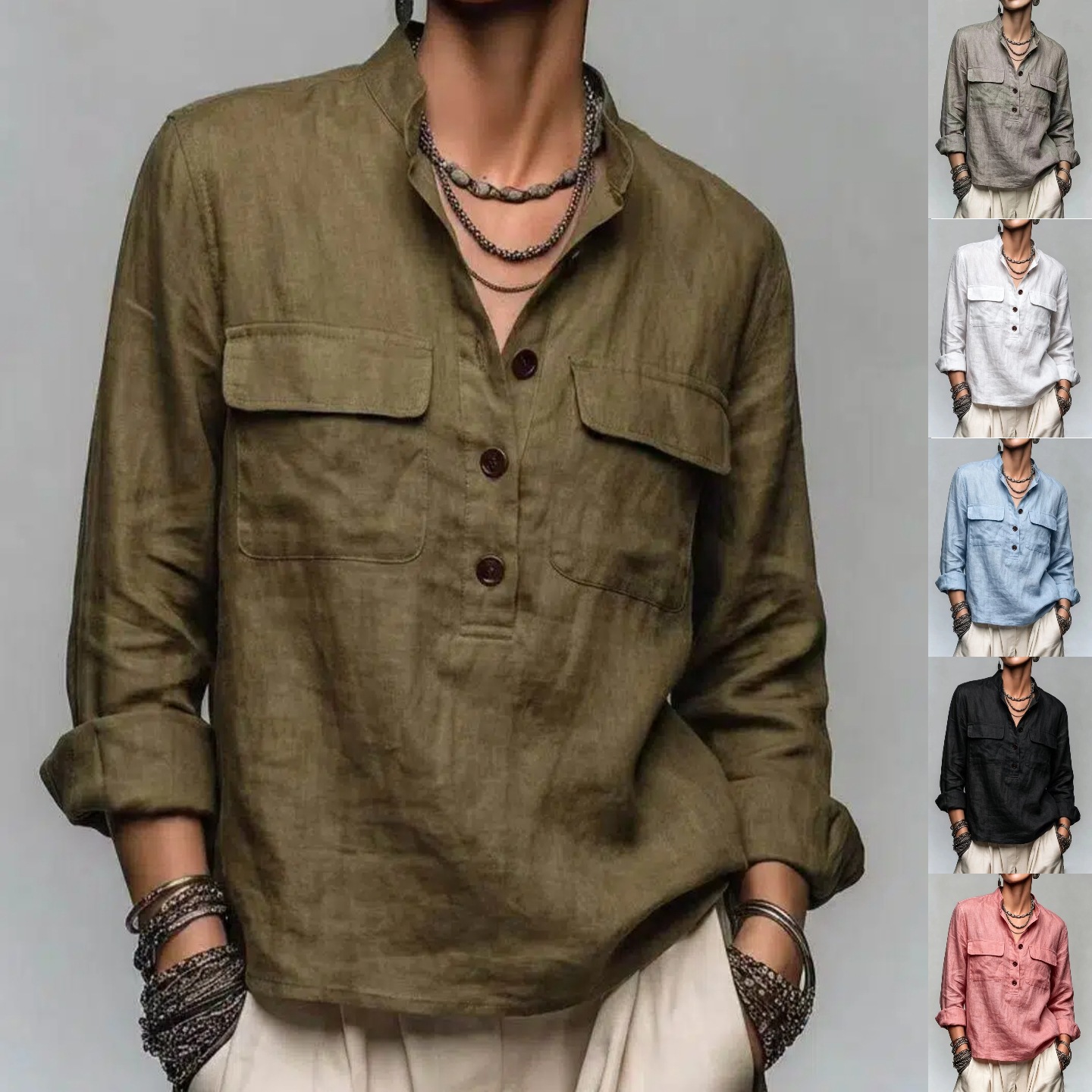 Women's Retro Stand Collar Button Pocket Loose Long Sleeve Pullover Shirt