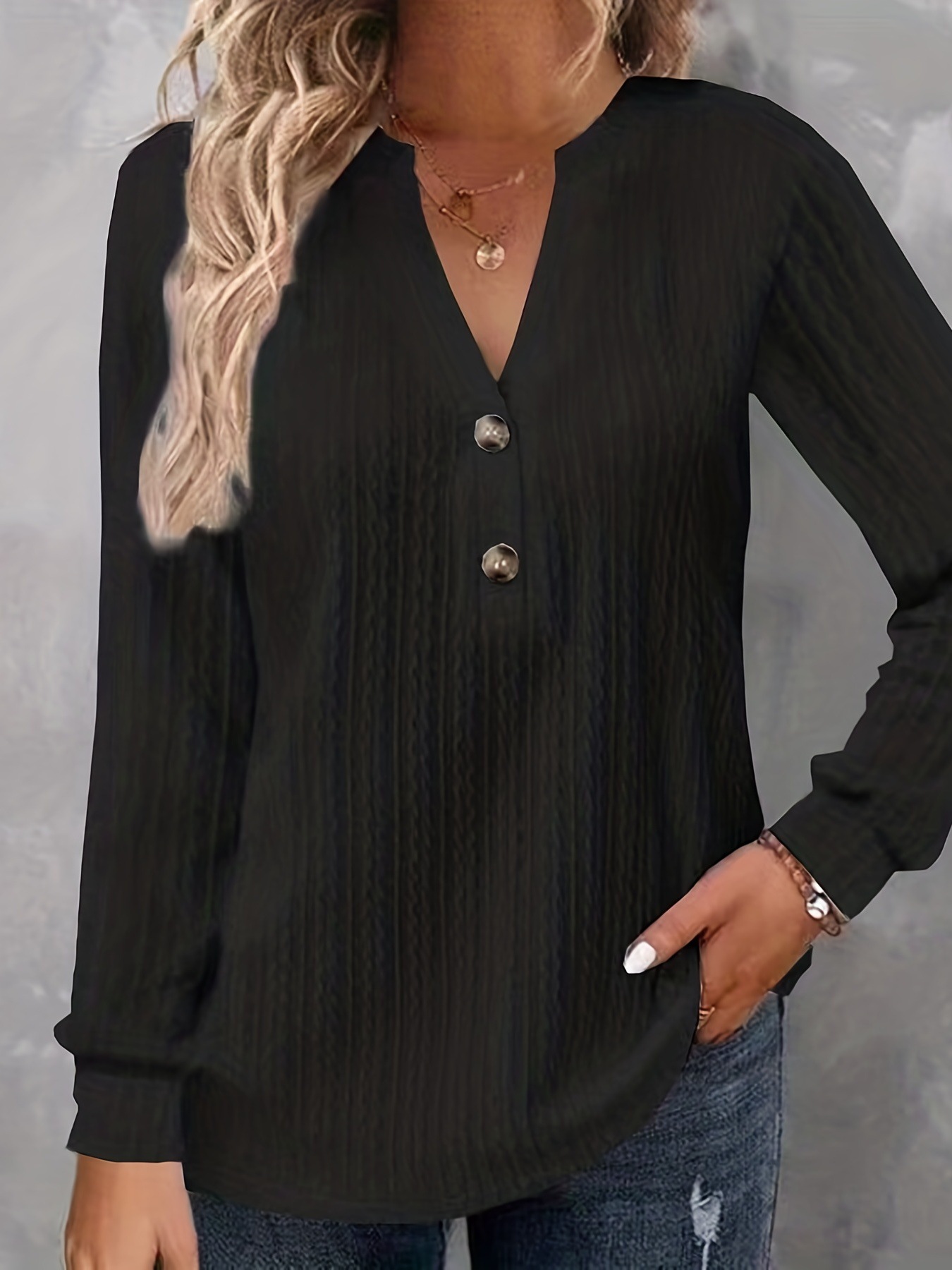 Women's Long Sleeve V-Neck Button T-Shirt Solid Color Top