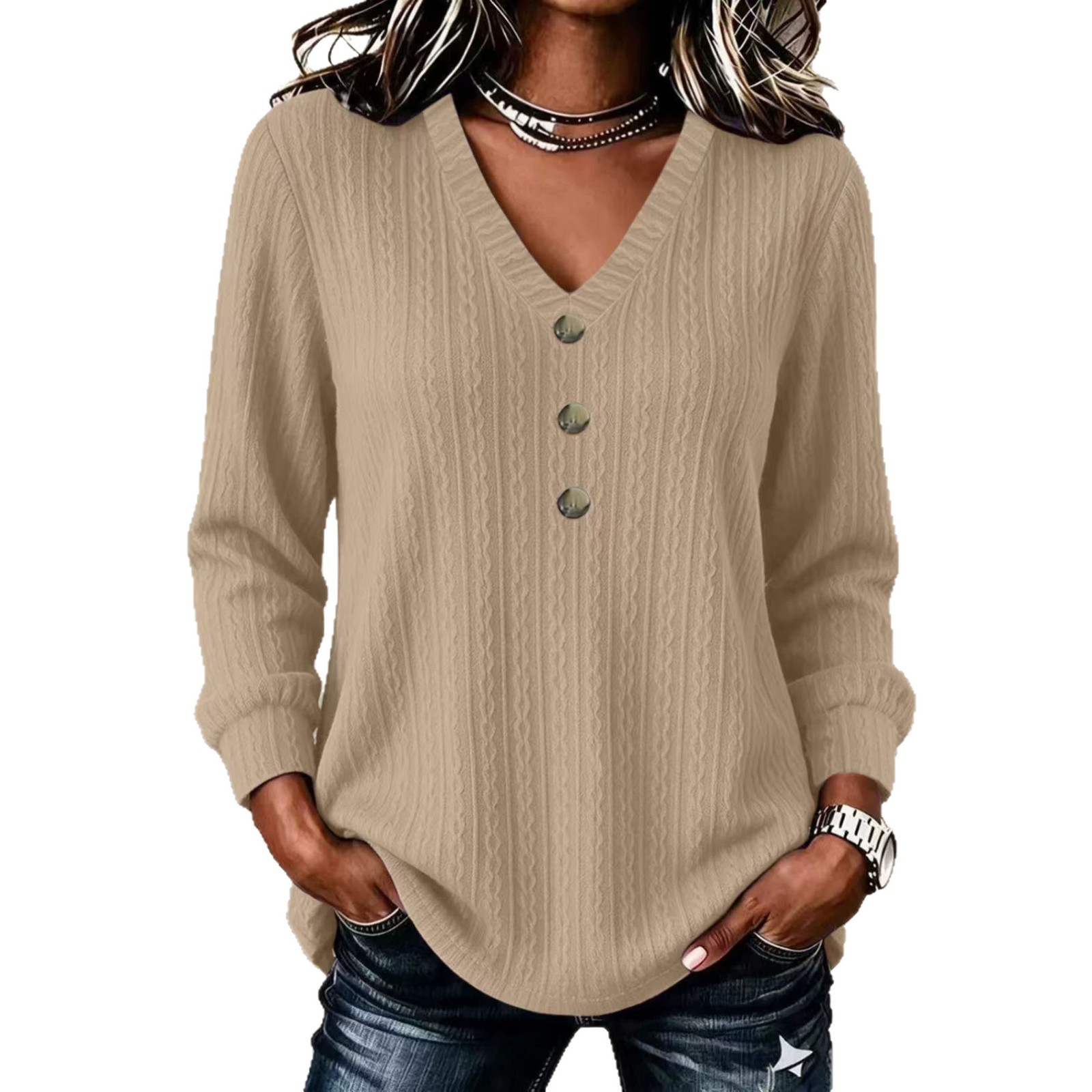 Cable Knit V-Neck Button Long Sleeve Sweater