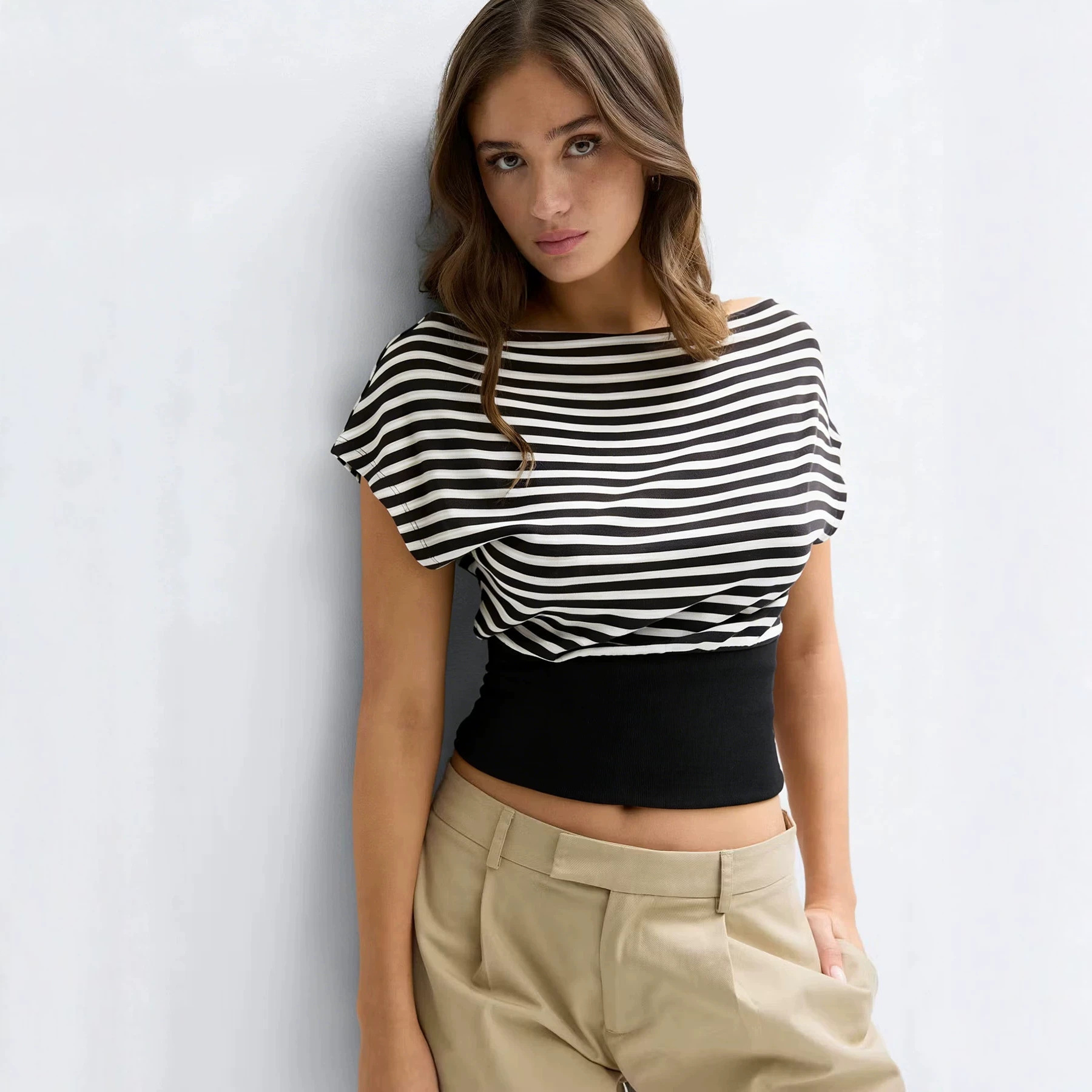 Women's Off-Shoulder Striped Crop Top Slim Fit Short Sleeve