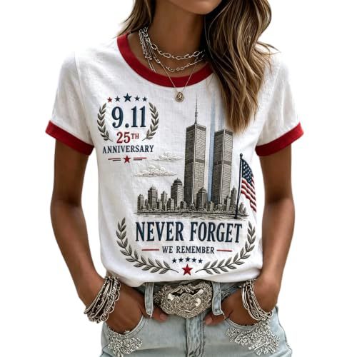 911 Twin Towers Ribbon Flag Print Short Sleeve T-Shirt