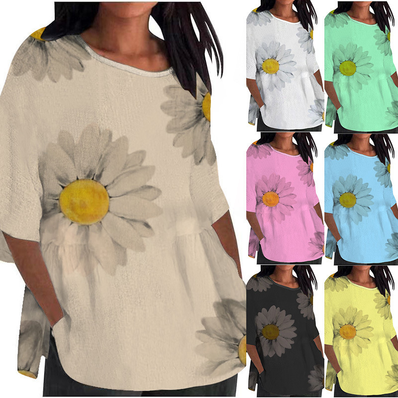 Chrysanthemum Print Round Neck 3/4 Sleeve T-Shirt for Women