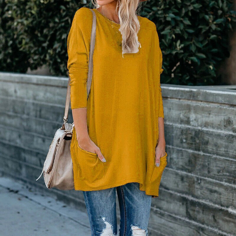 Women's Crewneck Long-Sleeve Pocket T-Shirt Plus Size
