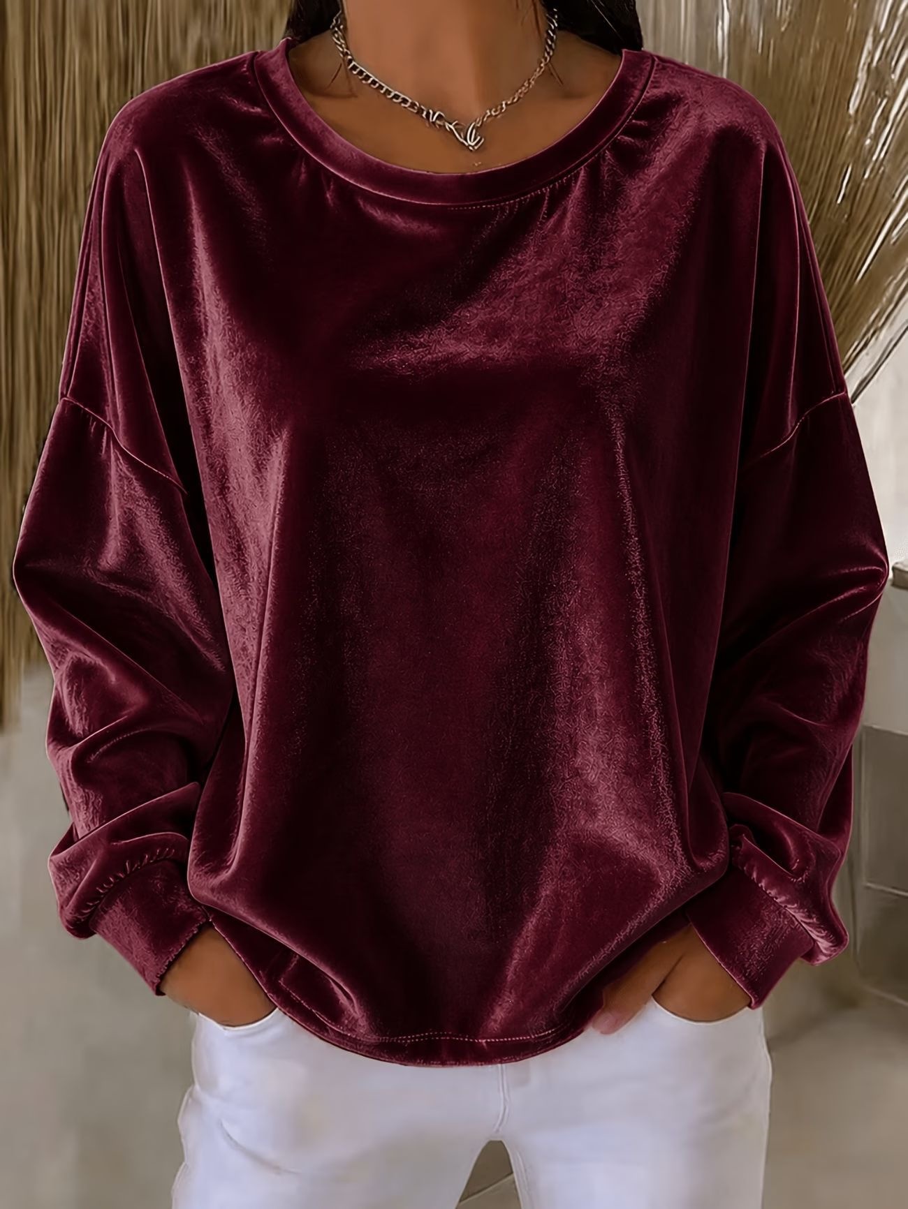 Women's Velvet Long Sleeve Crewneck T-Shirt Solid Color Loose Fit
