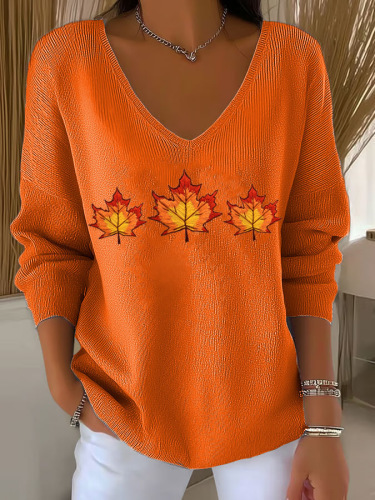 Maple Leaf Print V-Neck Long Sleeve T-Shirt