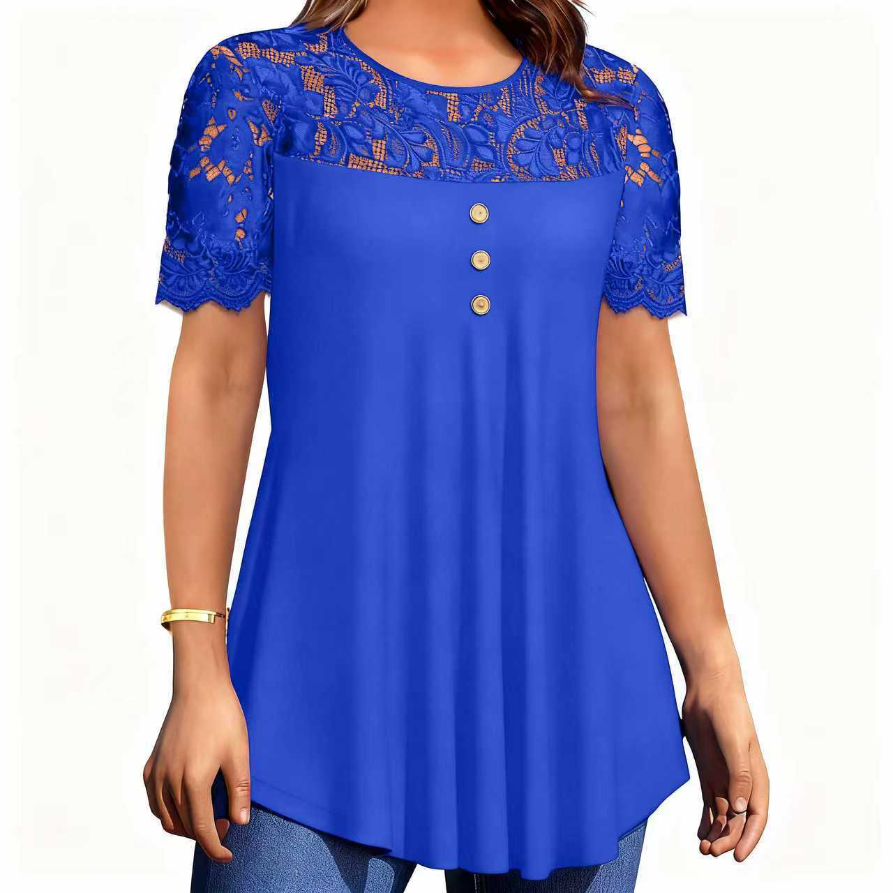 Women's Solid Color Lace Trim Short Sleeve Round Neck T-Shirt