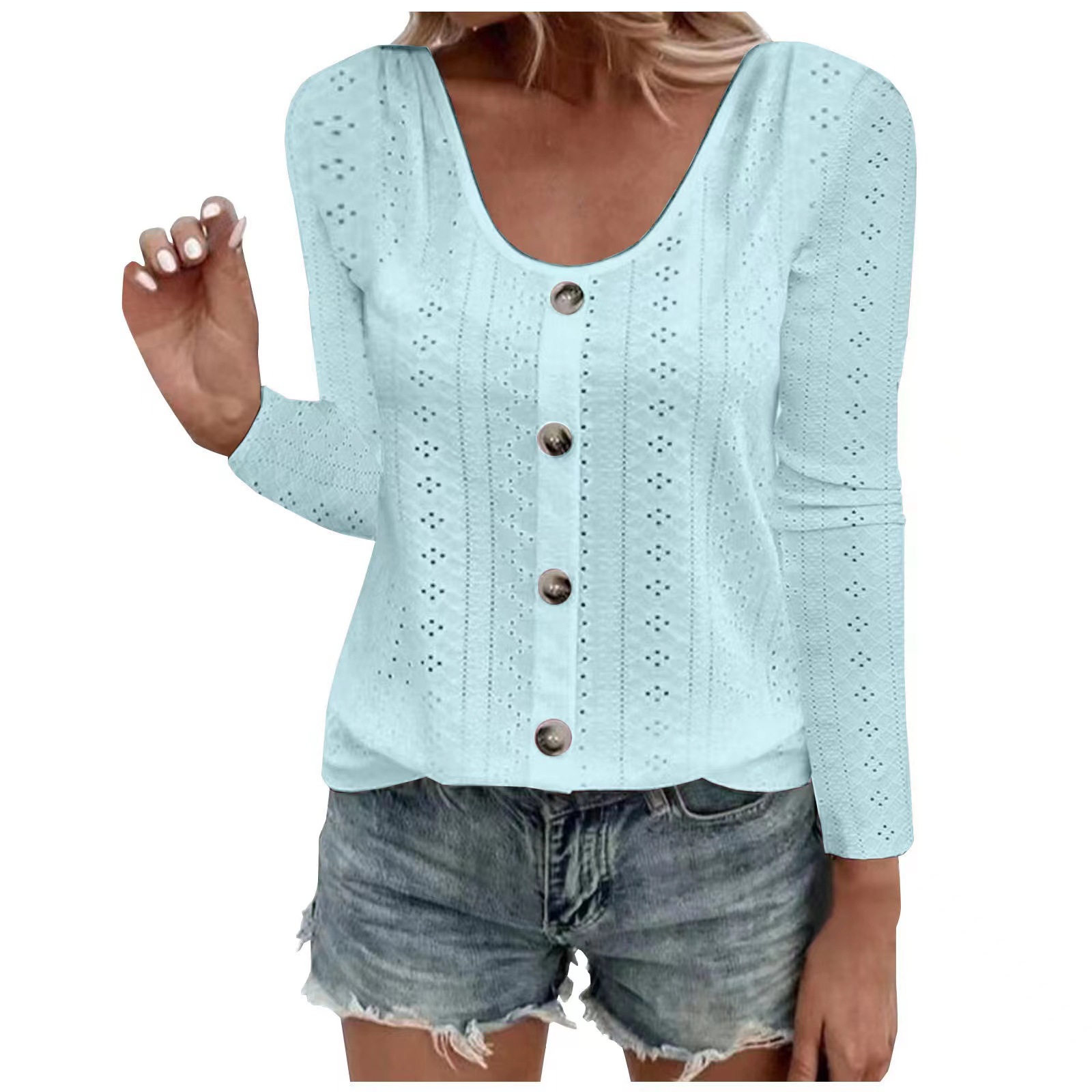 Women's Round Neck Loose Single-Breasted Long-Sleeve Top