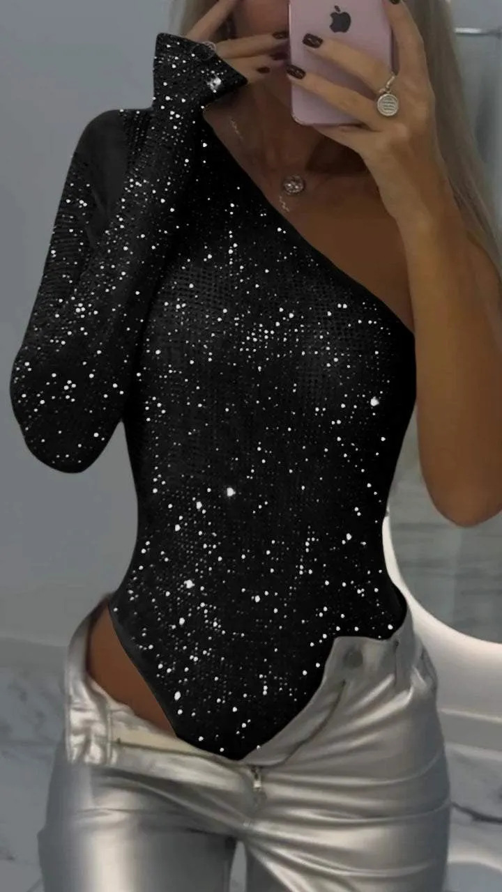 One-Shoulder Rhinestone Sequin Fitted Top