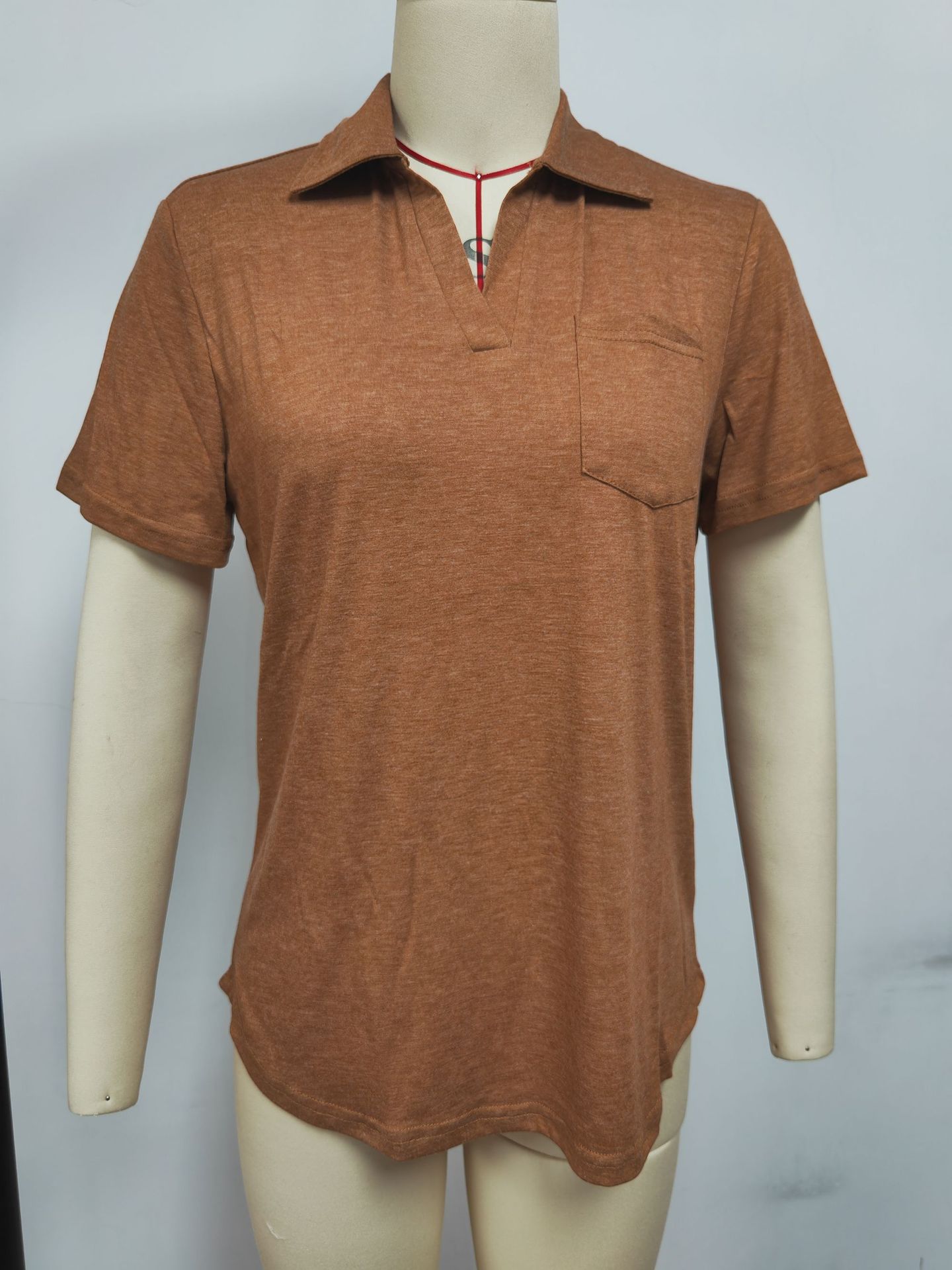 Women's Long Sleeve Solid Color Collared Loose Pocket T-Shirt