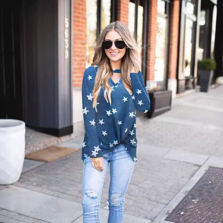 Women's Slim Fit Leopard Camo Star Print Long Sleeve Top