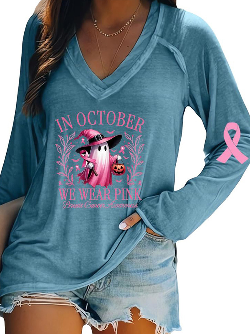 Women's V-Neck Long-Sleeve Halloween Pumpkin Ghost Ribbon Print T-Shirt
