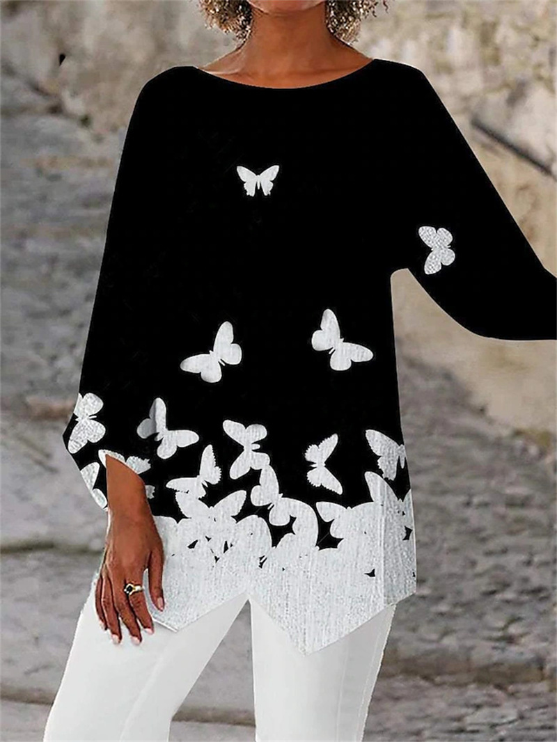 Geometric Floral Print Long Sleeve Patchwork Round Neck Shirt