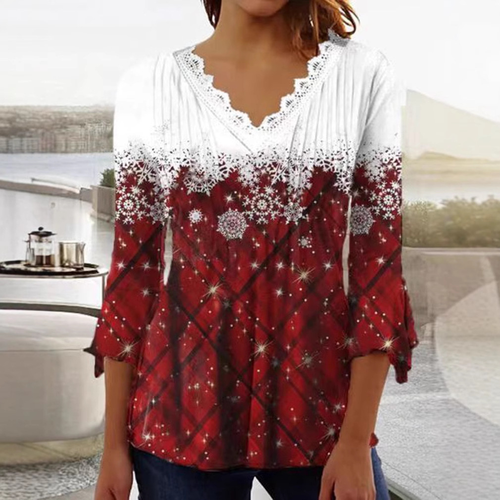 Snowflake Plaid V-Neck Long-Sleeve Top