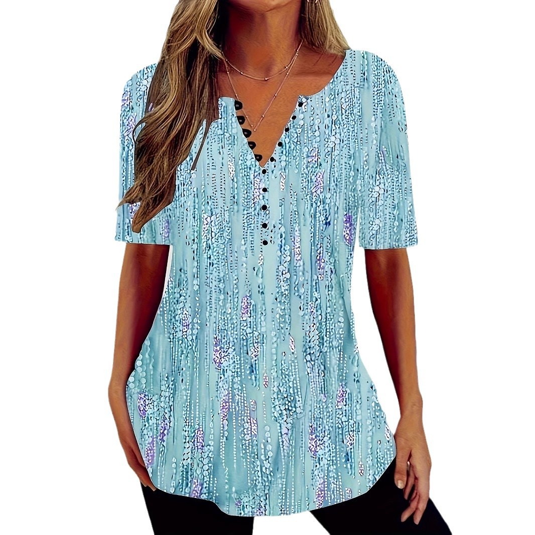 Women's Gradient V-Neck Button Short-Sleeve T-Shirt