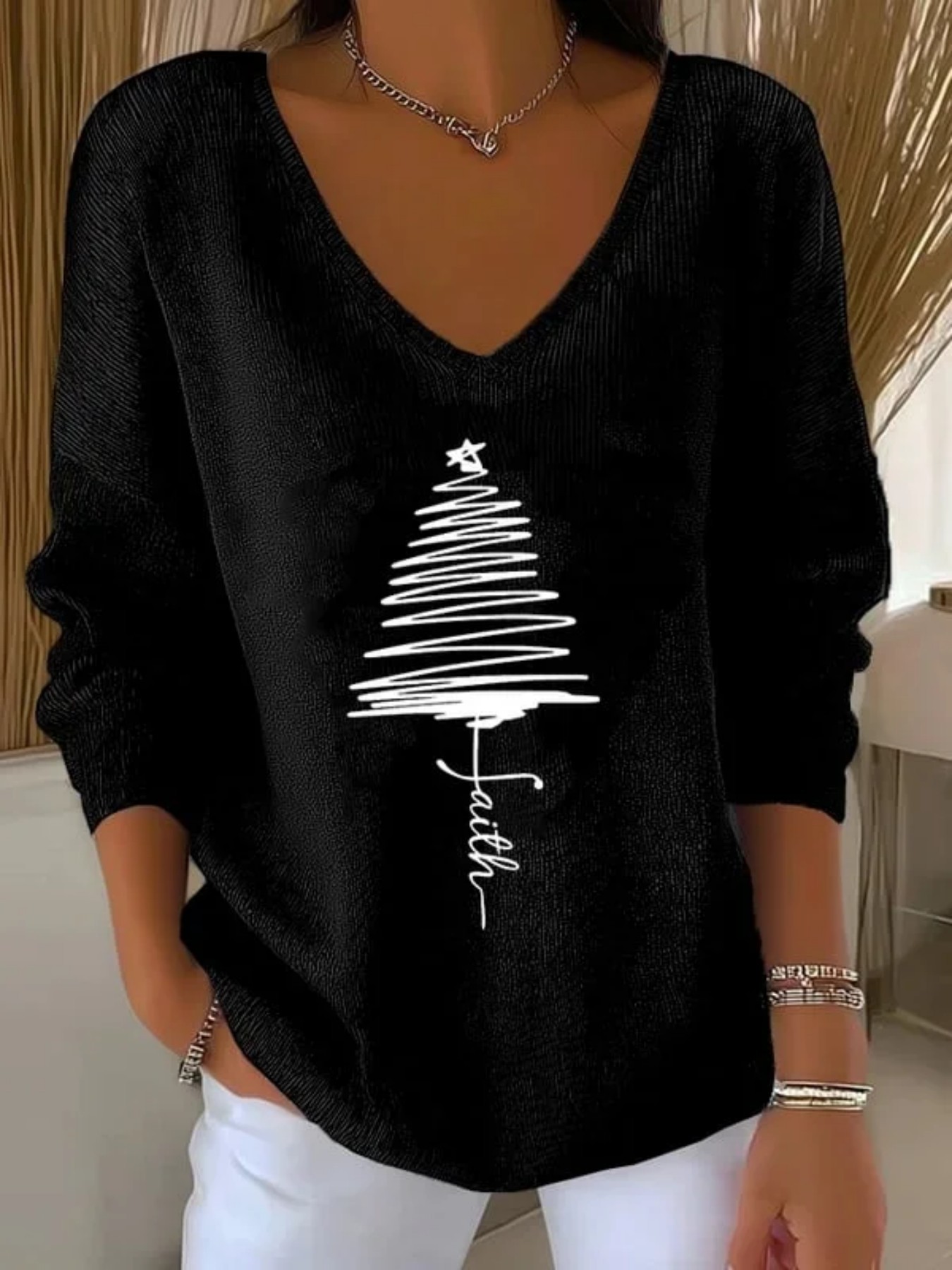 Christmas Tree Ribbon Print V-Neck Long-Sleeve T-Shirt