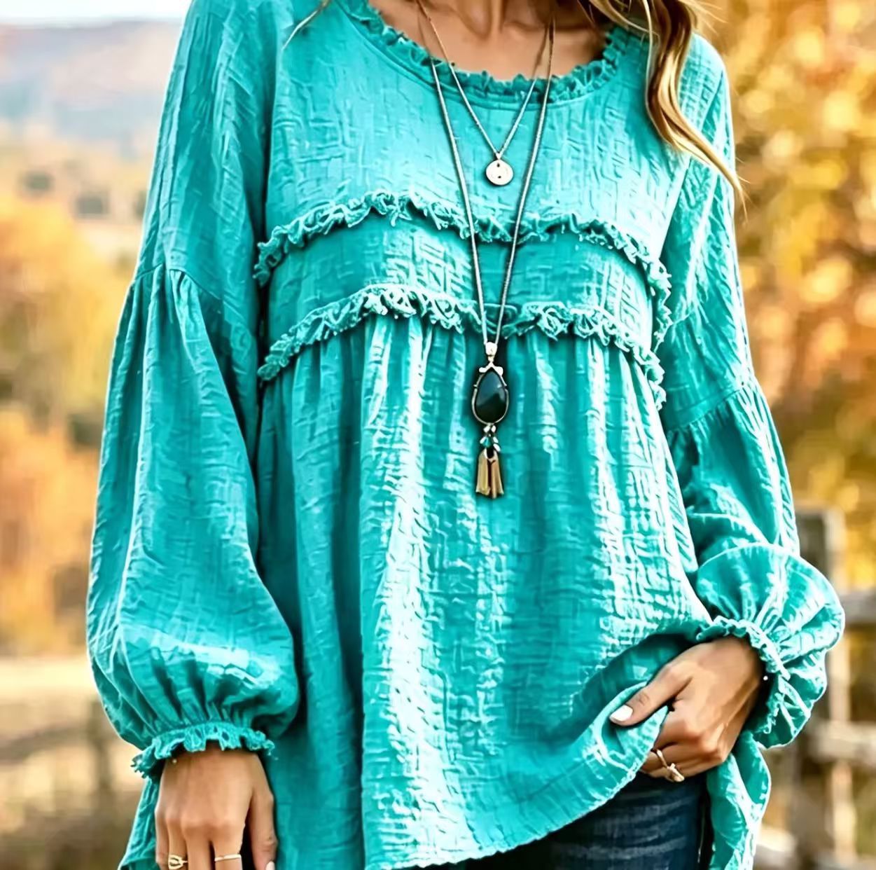 Fringed Trim Patchwork Long Sleeve Casual Top