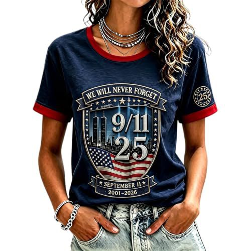 911 Twin Towers Ribbon Flag Print Short Sleeve T-Shirt
