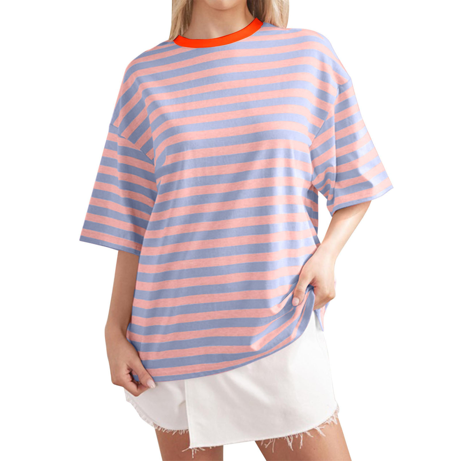 Striped Print Crewneck Half-Sleeve T-Shirt Casual Loose Fit