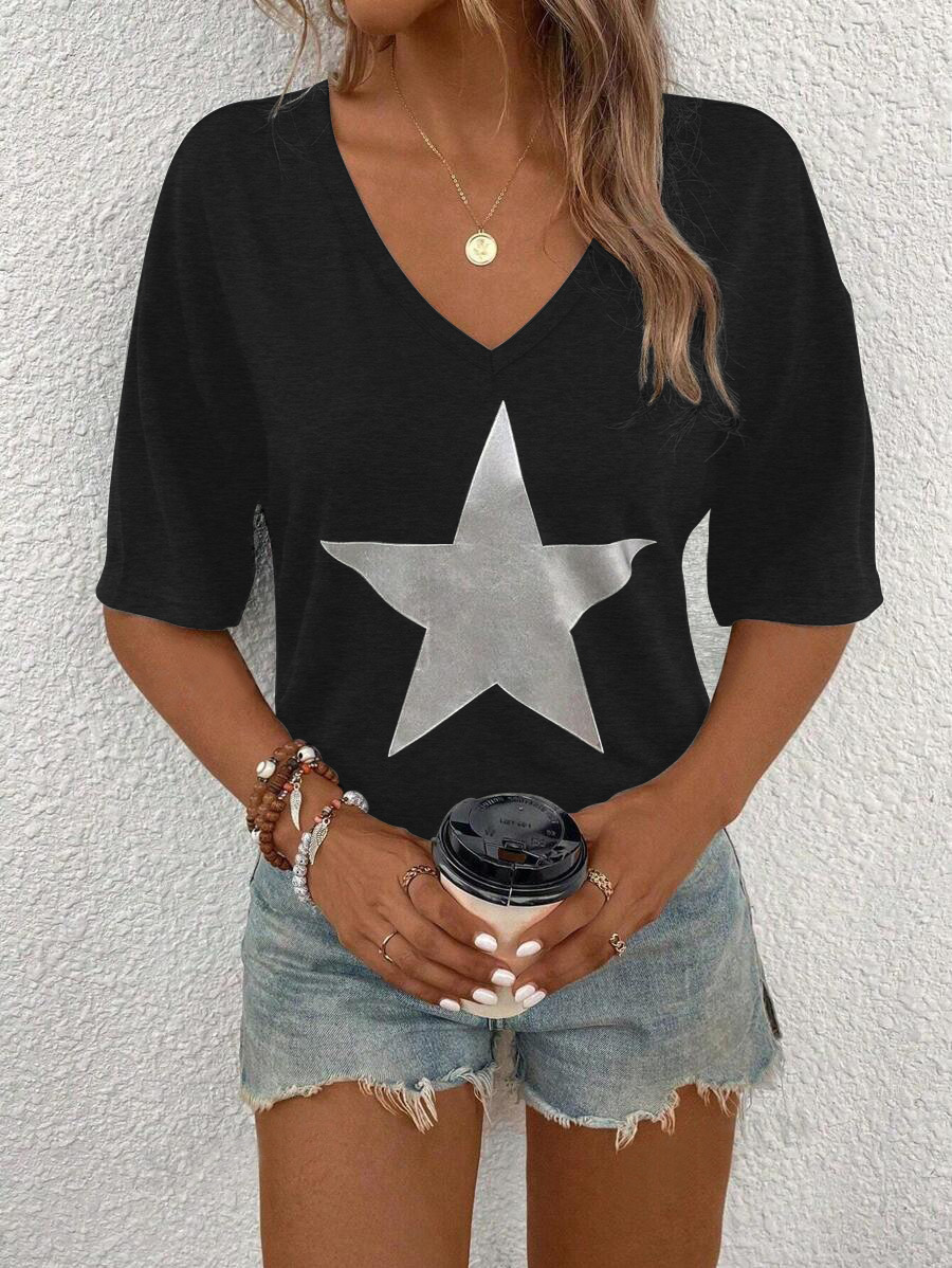 Women's V-Neck Short Sleeve T-Shirt Casual Loose Fit Top