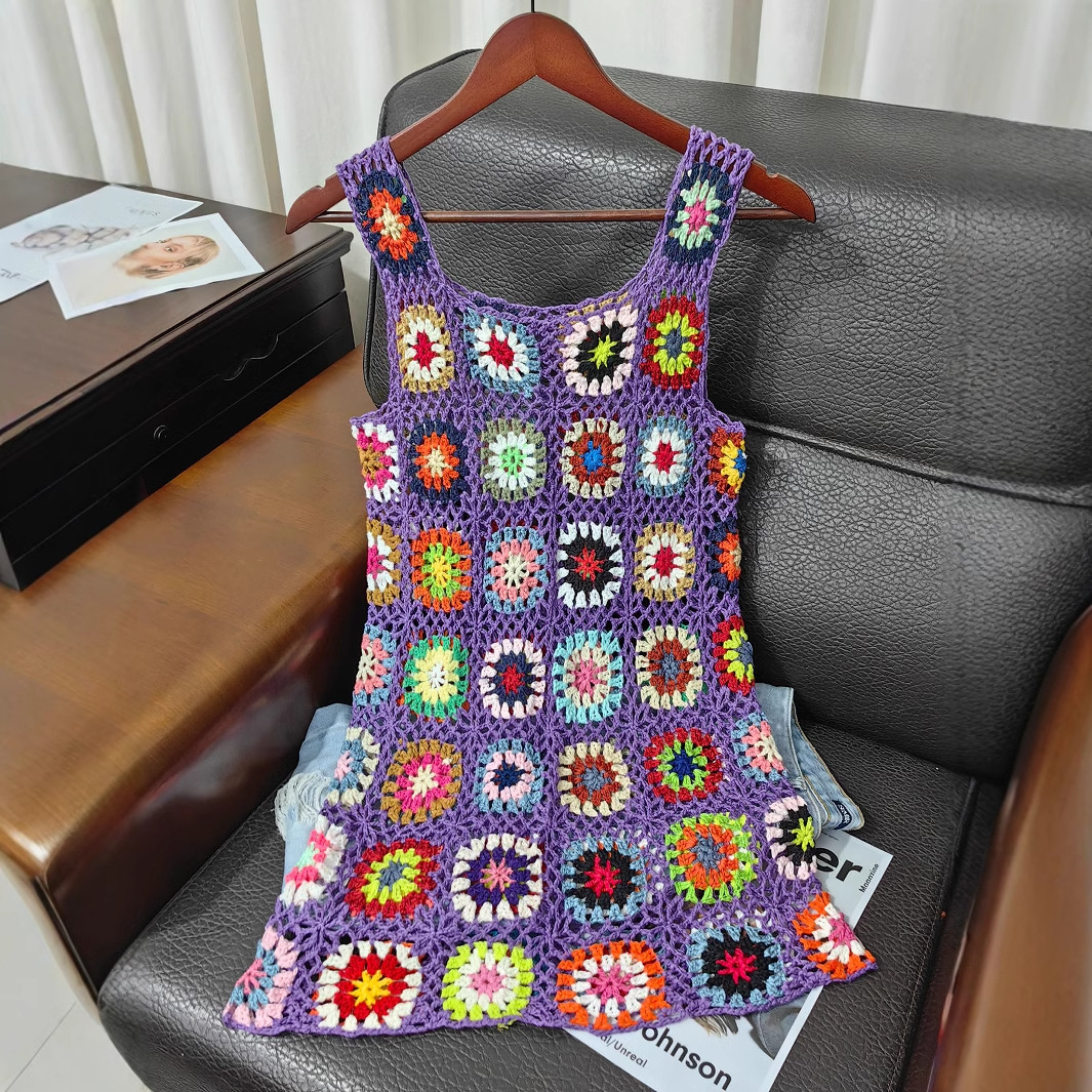 Bohemian Hand-Crocheted Hollow Out Cami Dress Sexy Diamond Grid Vest Dress