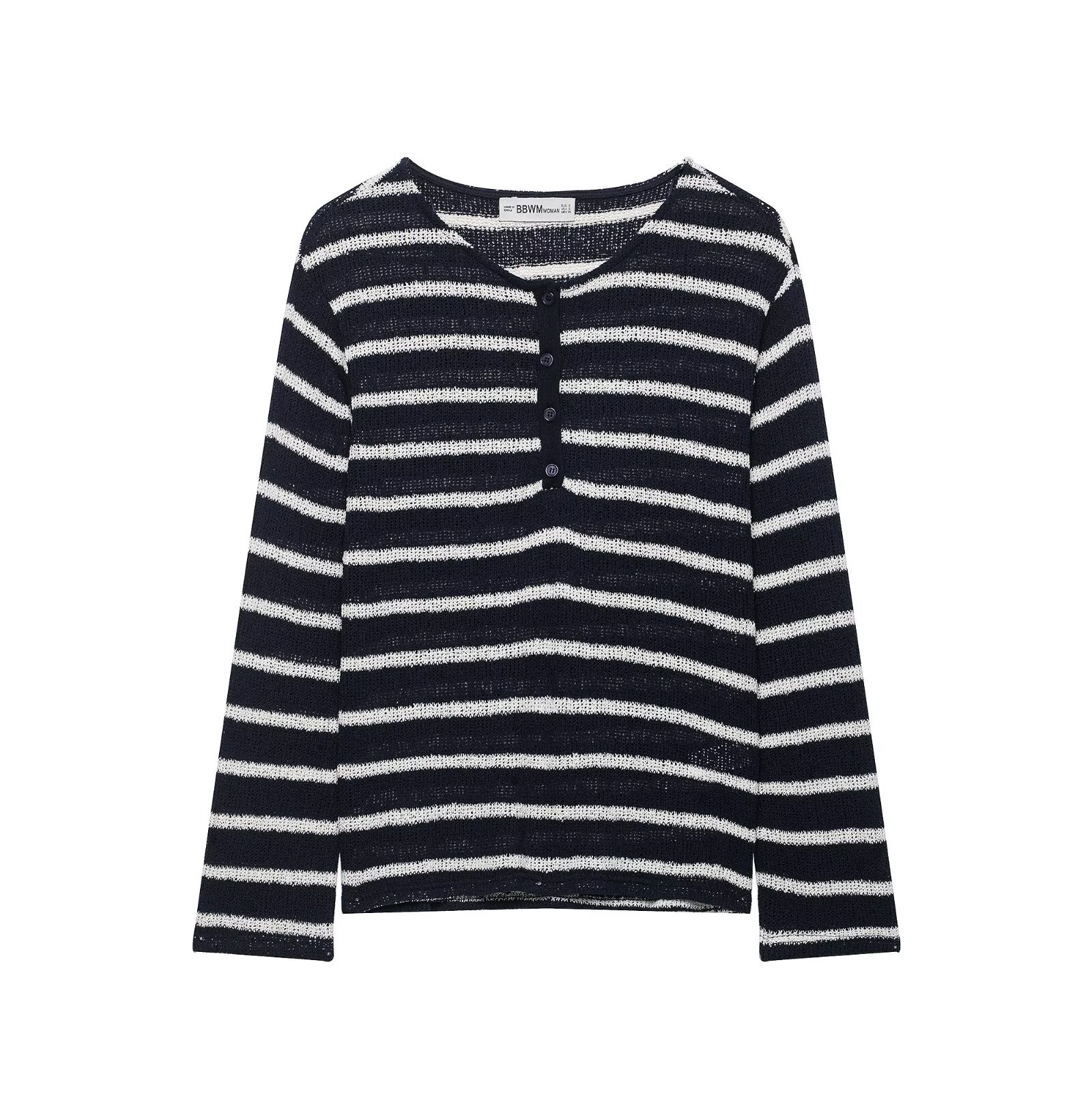 Striped Color-Block Buttoned Small Open Collar Long-Sleeve Top