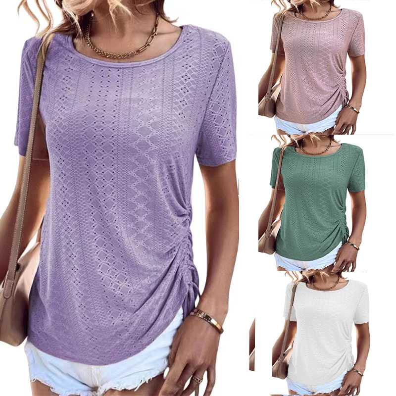 Women's Summer Lace Hollow Out Drawstring Loose Crew Neck T-Shirt Top
