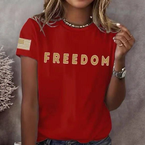 Freedom American Flag Print Crewneck Short Sleeve Women's Top