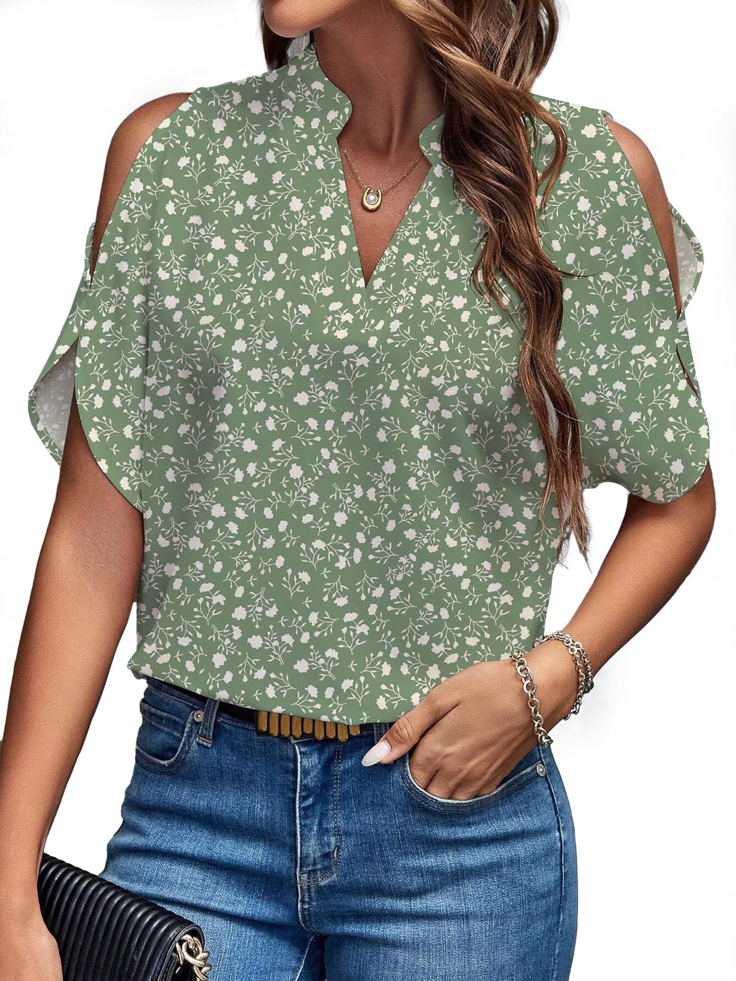 Women's Solid V-Neck Cold-Shoulder Short-Sleeve Top