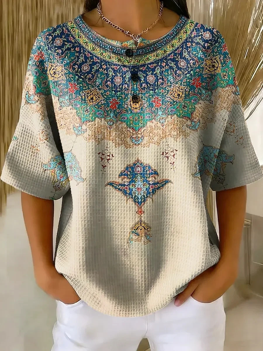 Floral Plaid Print Crewneck Short Sleeve Button Top