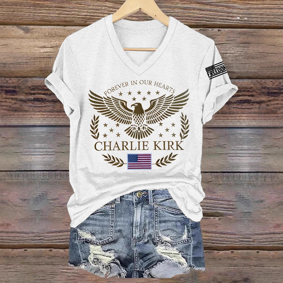 Eagle Peace Letter Print V-Neck Short Sleeve T-Shirt for Women
