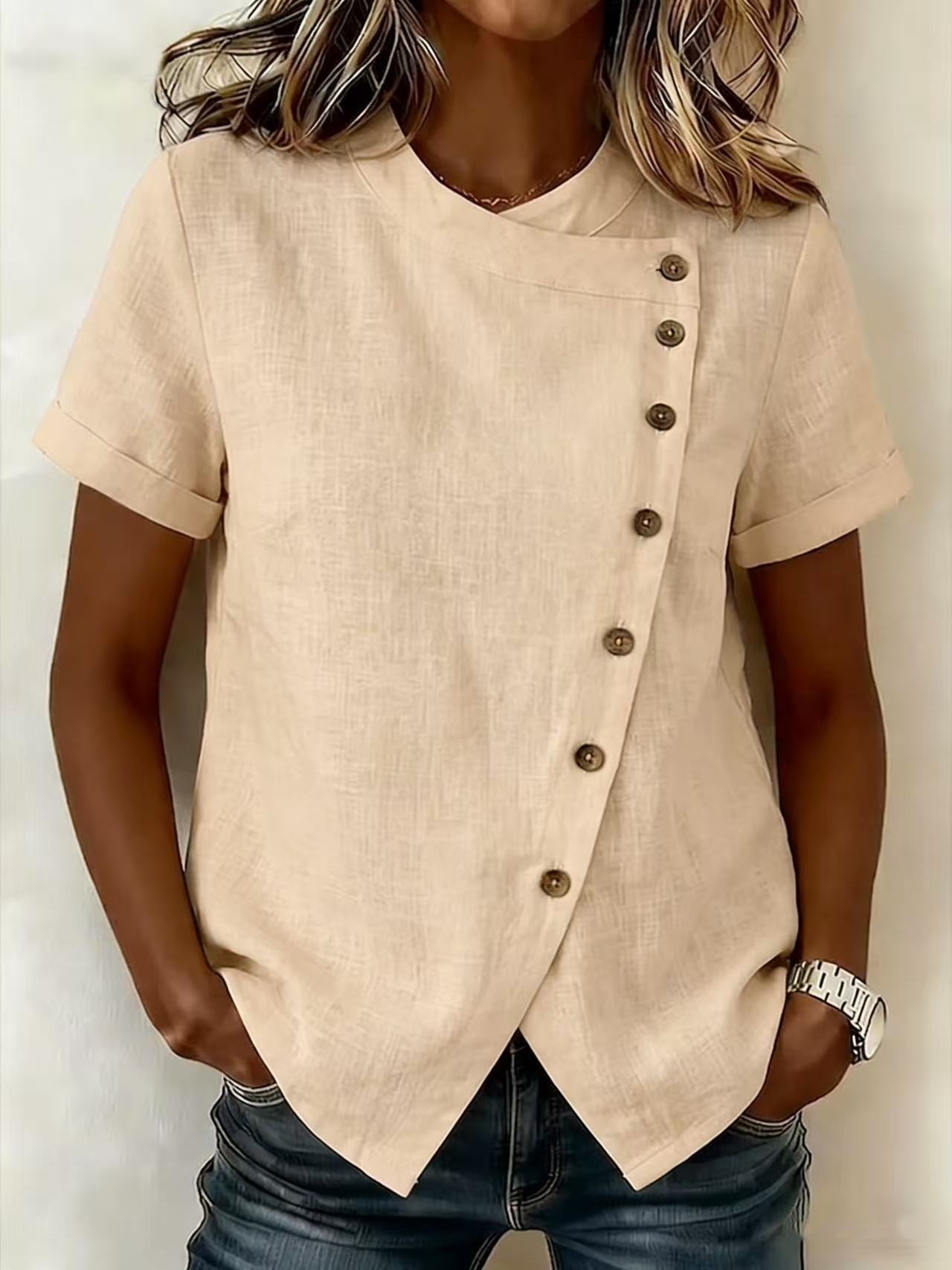 Women's Solid Cross Round Neck Short Sleeve Loose Irregular Top