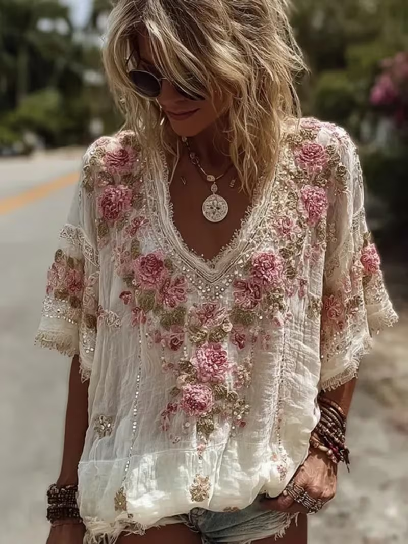Floral Print V-Neck Short Sleeve Women's T-Shirt
