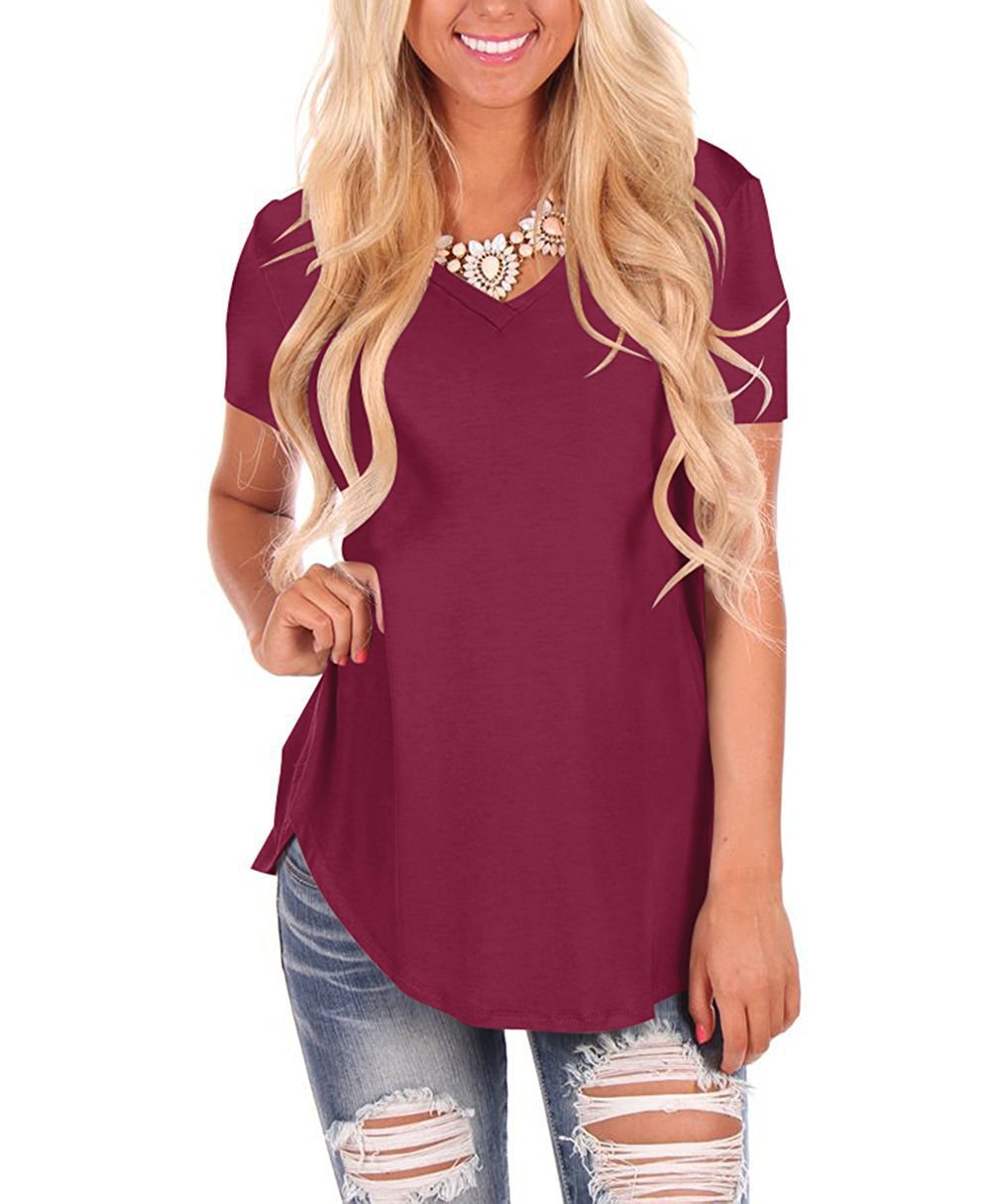 Women's V-Neck Knit Short Sleeve T-Shirt Loose Plus Size Solid Color Top