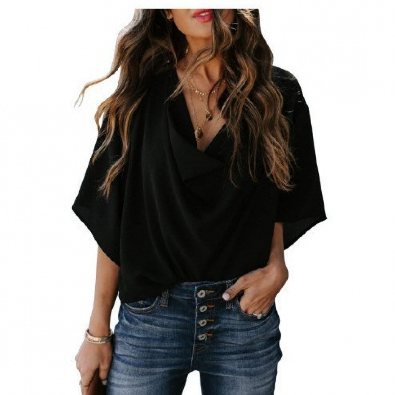 Women's Summer Chiffon V-Neck Loose Short Sleeve Top