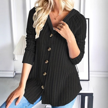 Button Waist Long Sleeve Hooded Top