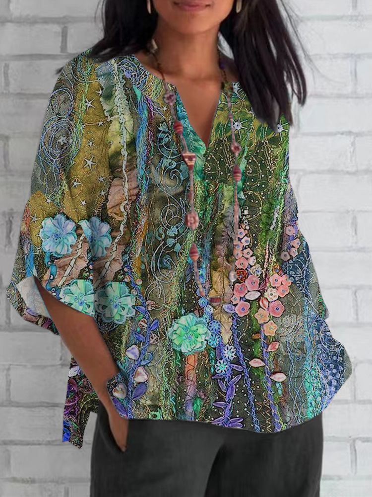 V-Neck 3/4 Sleeve Loose Vintage Floral Print Top