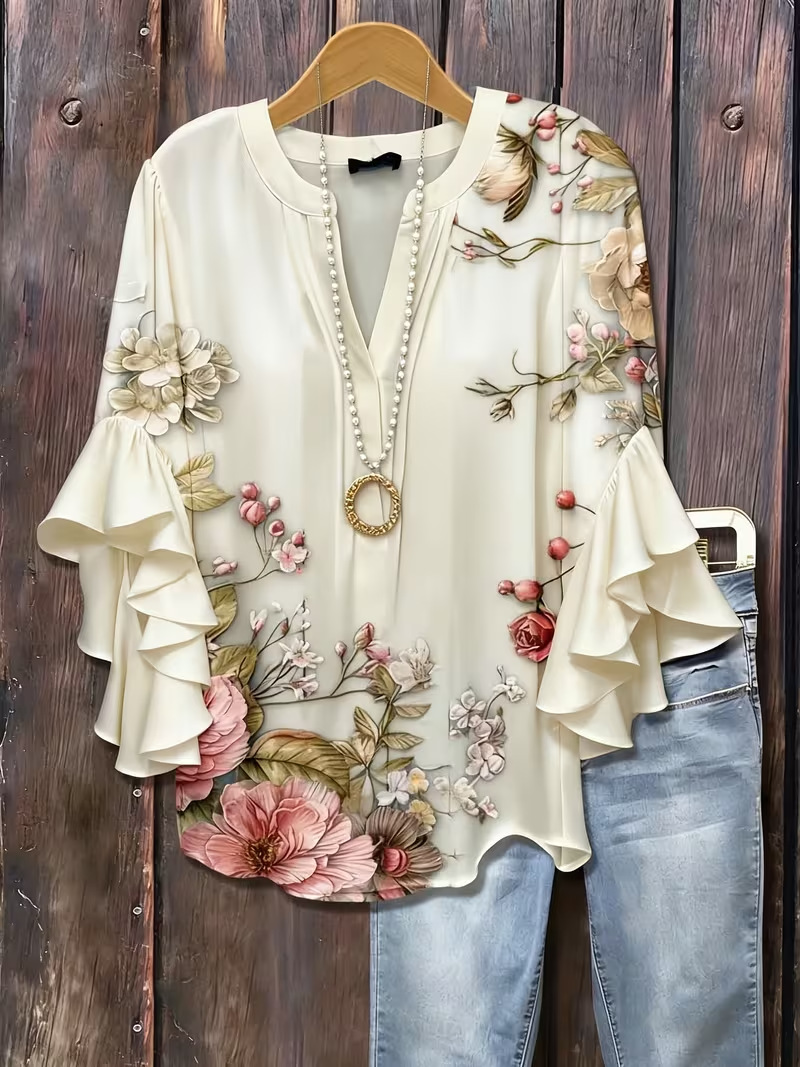 Floral Print Rolled Sleeve V-Neck Women's Top