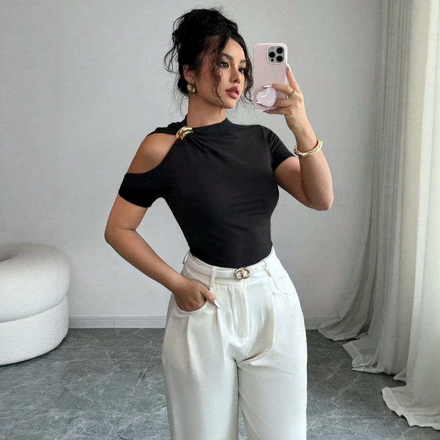 One-Shoulder Metallic-Trim Slim-Fit Knit Top