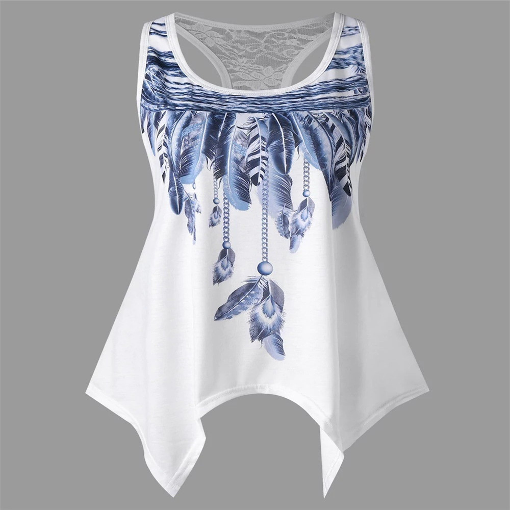 Feather Print Lace Sleeveless Crew Neck T-Shirt
