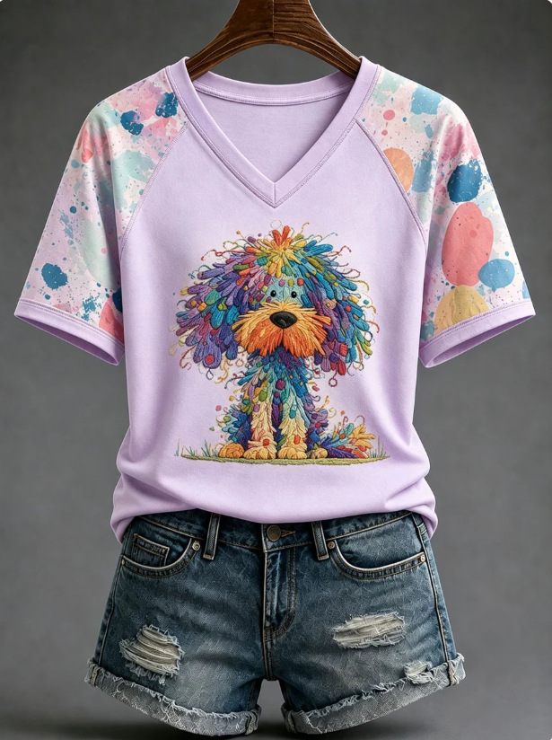 Women's Short Sleeve V-Neck T-Shirt with 3D Dog Print