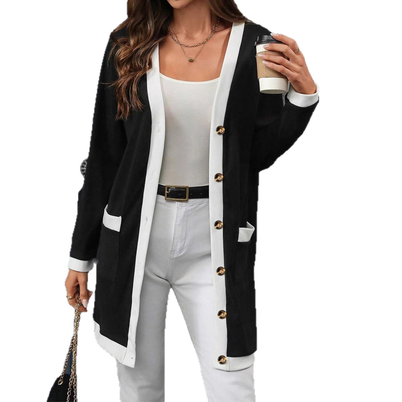 Women's Colorblock Single-Breasted Long-Sleeve Top