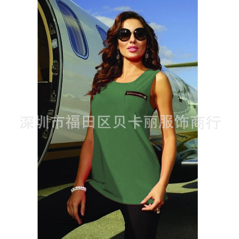 Women's Sleeveless Chiffon Top with Pocket Zipper Solid Color