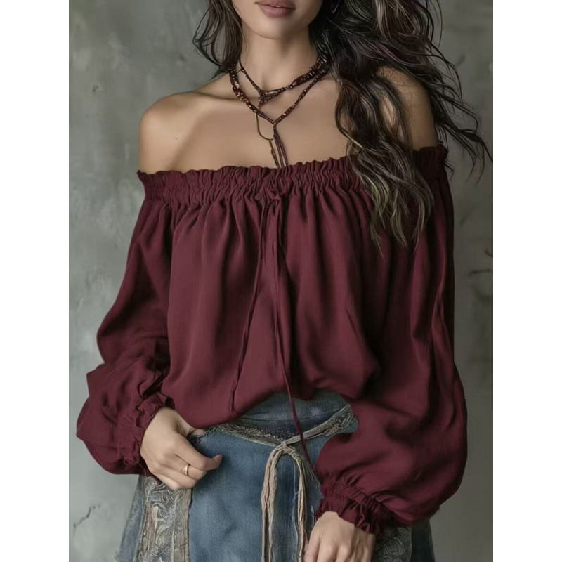 Off-Shoulder Chiffon Blouse with Puff Sleeves and Drawstring Neckline