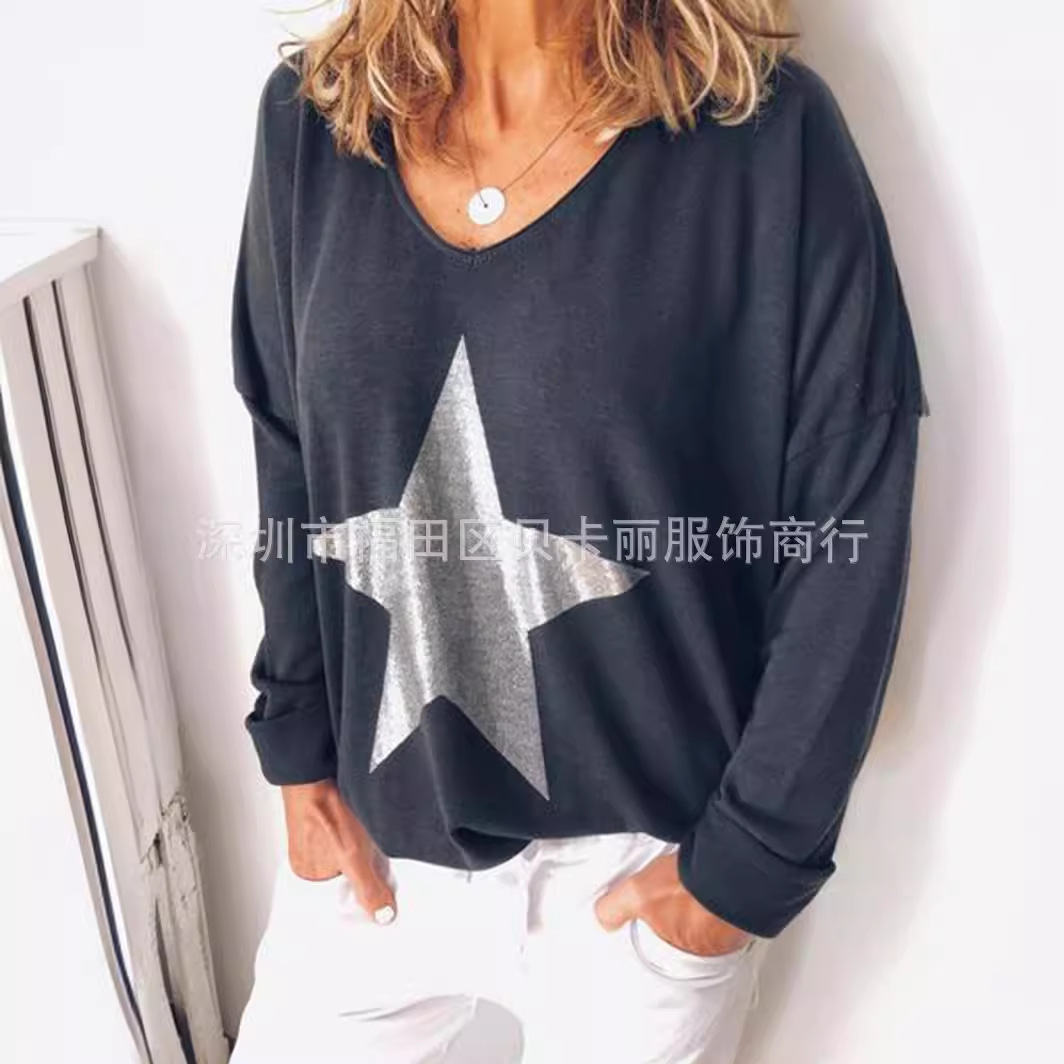 Women's Long Sleeve V-Neck T-Shirt Loose Fit Knit Top