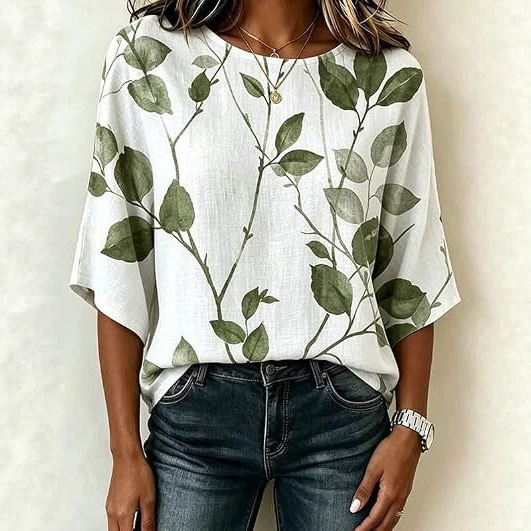 Floral Leaf Print Half-Sleeve Women's Top Retro Fashion Blouse